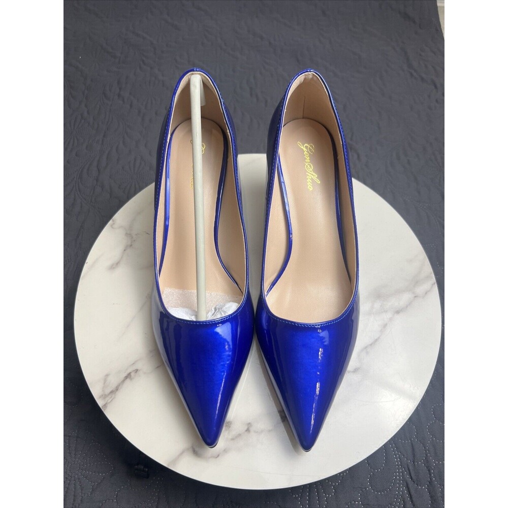 GENSHUO Blue PatentLeather Pointed Toe Kitten Heels NWOB Chic Work Comfort SZ8.5